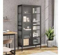 RJPLMFV Buffet Haut Noir 85x40x180 cm Verre Cannelé Acier | 4 Étagères Réglables, Pieds Niveleurs, Fixation Murale Incluse, Idéal Salon