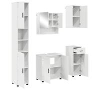 RJPLMFV Ensemble Meuble Salle De Bain 5 Pieces Blanc Brillant | Bois d'ingenierie, Design mural, Portes a charnieres, Poignees en barre, Rangement ouvert et ferme