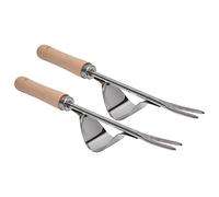 Rjrjc Outil d'élimination des mauvaises herbes en acier inoxydable à la main de jardin, lot de 2 pièces avec poignée en hêtre brillant pour désherbage du sol, desserrage de la