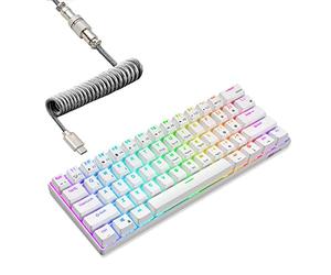 RK ROYAL KLUDGE RK61 Clavier mécanique 60% avec câble spiralé, 2,4 GHz/Bluetooth, mini clavier Bluetooth sans fil 61 touches, RVB remplaçable à chaud - Blanc