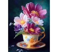 RKFLGEW Diy Broderie - Perles Fleurs Dans Une Tasse De Thé De Dessin Animé Kits De Broderie Au Point De Croix Avec Perles De 3 Mm Pour Travaux D'Aiguille 50x70cm