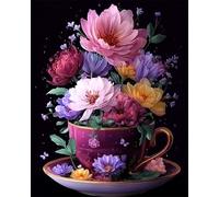 RKFLGEW Diy Kits De Broderie De Perles De Rocaille Fleurs Dans Une Tasse De Thé De Dessin Animé Kits De Broderie Perlée, Kit De Point De Croix Facile Pour Adultes Débutants 50x70cm