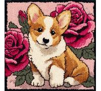 RKFLGEW Diy Latch Hook Canva Corgi Et Fleurs De Rose Kit De Fabrication De Taies D'Oreiller/Housses De Coussin,Tapis Tendance,Kits De Crochets À Loquet Diy Pour Un Projet De Démarrage 43x43cm
