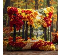 RKFLGEW Diy Latch Hook Canva Paysage De Forêt D'Automne Kit De Fabrication De Taies D'Oreiller/Housses De Coussin，Tapis Tendance，Kits De Crochets À Loquet Diy Pour Un Projet De Démarrage 43x43cm