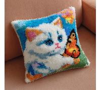 RKFLGEW Diy Latch Hook Enfant Chat Animal Et Papillon Kit De Broderie Au Crochet Pour Coussin Coussin Fait Main À Faire Soi-Même，Ensemble De Broderie Au Crochet Et Taie D'Oreiller 43x43cm