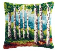 RKFLGEW Diy Latch Hook Enfant Paysage De Forêt De Bouleaux Kit De Broderie Pour Coussins À Crochet Et À Loquet,À Faire Soi-Même,Pour Débutants,Avec Motifs Imprimés,Décoration D'Intérieur 43x43cm