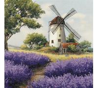 RKFLGEW Diy Latch Hook Enfant Paysage De Moulin À Vent Et De Lavande Kit De Coussin À Crochet，Housse De Coussin À Faire Soi-Même，Toile Imprimée Pour Débutants，Broderie Artisanale 43x43cm