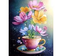 RKFLGEW Kit De Broderie De Perles Au Point De Croix Diy Fleurs Colorées Dans Une Tasse De Thé Kits De Broderie Perlée, Kit De Bricolage Pour Débutants, Décoration Intérieure 40x50cm