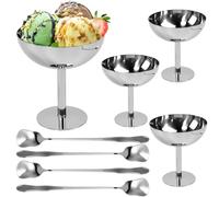 Rkixlix Lot de 4 Coupes à Glace avec 4 Cuillères Longues Coupe à Glace en Acier Inoxydable Bol à Glaces Inox avec Pied Petits Bols à Dessert Réutilisables Pots à Yaourt pour Fêtes Mariages Restaurants