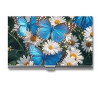 RKJVB Porte-cartes de visite fin professionnel avec papillons bleus et fleurs blanches pour homme et femme, Papillons bleus et fleurs blanches., 3.7 x 2.2 x 0.3 Inches, Décontracté