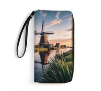 RKJVB Portefeuille long multi-poches en cuir hollandais moulin à vent pour femme, portefeuille ultra fin avec poche à fermeture éclair pour le shopping, le travail, style moderne, 19,7 x 10,5 cm,