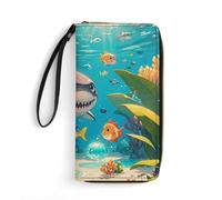 RKJVB Portefeuille long multi-poches en cuir pour femme avec motif requins et petits poissons - Portefeuille ultra fin avec poche zippée pour le magasinage et le travail - Style moderne - 19,7 x 10,5