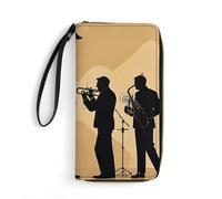 RKJVB Portefeuille long multi-poches pour femme en cuir ultra fin avec poche à fermeture éclair pour magasinage et travail Motif silhouette d'un quartet de jazz 19,7 x 10,5 cm, moderne, Style :,