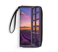 RKJVB Portefeuille long multi-poches pour femme en cuir violet coucher de soleil lavande fleur portefeuille pour femme portefeuille ultra fin avec poche à fermeture éclair pour magasinage travail