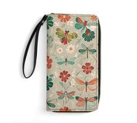 RKJVB Portefeuille long multi-poches pour femme - Motif fleurs et libellules rouges et vertes - Portefeuille en cuir ultra fin avec poche zippée pour le shopping et le travail - Style moderne - 19,7 x