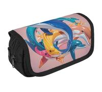 RKJVB Trousse à crayons motif animal abstrait dauphin grande capacité boîte à stylos double fermeture éclair sac de rangement 2 compartiments sac portable multifonction organisateur de bureau trousse