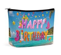 RKJVB Trousse de maquillage avec inscription « Happy Birthday on The Beach » pour femme - Trousse de toilette étanche - Grande pochette de maquillage esthétique pour voyage, travail, style, taille