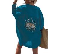 RKK Chemise Boutonnée À Manches Longues en Lin for Femme, Surdimensionnée, À Paillettes, Motif Mauvais Œil, for La Plage, L'été, en (Blue,XL)