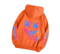 RKK Happy Day Graffiti Print Women Hoodie Street Hip Hop Hoody Pullovers Fashion Crewneck Hoodies Long Sleeves Casual Oversize Streetwear Tops(Orange,XL)