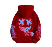 RKK Happy Day Graffiti Print Women Hoodie Street Hip Hop Hoody Pullovers Fashion Crewneck Hoodies Long Sleeves Casual Oversize Streetwear Tops(Red,XXL)