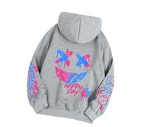 RKK Happy Day Graffiti Print Women Hoodie Street Hip Hop Hoody Pullovers Fashion Crewneck Hoodies Long Sleeves Casual Oversize Streetwear Tops(Light Grey,L)