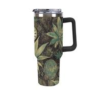 Rkklvbns A Puff in Time - Tasse à café de voyage en forme de marijuana, avec poignée et couvercle à paille, étanche, garde au froid ou au chaud, pour la salle de sport, les voyages et le sport