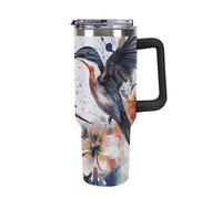Rkklvbns Art with Lily Flowers Birds - Tasse à café de voyage aquarelle avec poignée et couvercle à paille, gobelet de grande capacité anti-fuite, garde au froid ou au chaud, pour salle de sport