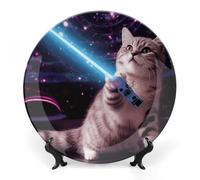 Rkklvbns Assiettes décoratives amusantes et mignonnes en porcelaine anglaise avec support de présentation pour décoration murale de maison ou de bureau Motif chat spatial 20,3 cm