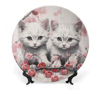 Rkklvbns Assiettes décoratives en céramique motif chat et cerise de 25,4 cm avec support de présentation, assiettes à dessert pour décoration murale de maison et de bureau