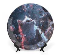 Rkklvbns Assiettes décoratives en porcelaine anglaise avec motif chat blanc en fleurs de 25,4 cm avec support de présentation, assiettes à dessert pour décoration murale de maison et de bureau