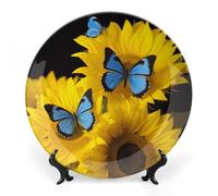 Rkklvbns Assiettes décoratives en porcelaine anglaise avec motif tournesols jaunes avec papillons bleus de 17,8 cm pour décoration murale de maison ou de bureau