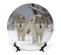 Rkklvbns Assiettes décoratives en porcelaine anglaise avec support de présentation - 25,4 cm - Deux loups marchant dans la neige - Pour la maison et le bureau
