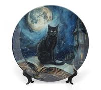 Rkklvbns Assiettes décoratives en porcelaine anglaise avec support de présentation - 25,4 cm - Motif chat noir - Pour la maison et le bureau - Décoration murale