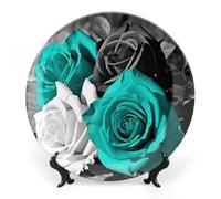 Rkklvbns Assiettes décoratives en porcelaine anglaise noire blanche bleu sarcelle gris rose 15,2 cm avec support de présentation, assiettes à dessert pour décoration murale de maison et de bureau