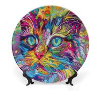 Rkklvbns Assiettes décoratives en porcelaine anglaise représentant un chat psychédélique de 17,8 cm avec support de présentation, assiettes à dessert pour décoration murale de la maison et du bureau