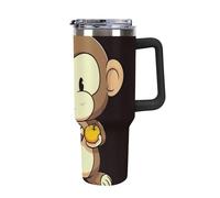 Rkklvbns Cartoon Monkey Holding Fruit - Tasse à café de voyage de 1200 ml avec poignée et couvercle à paille, anti-fuite, de grande capacité, garde au froid ou au chaud, pour la salle de sport, les