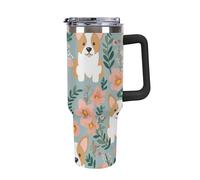 Rkklvbns Corgi - Tasse à café de voyage avec poignée et couvercle à paille, motif floral printanier, 1200 ml, étanche, garde au froid ou au chaud, pour salle de sport, voyage, sport