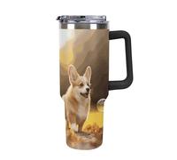 Rkklvbns Cute Corgi - Tasse à café de voyage en forme de chien - Gobelet de 1200 ml avec poignée et couvercle à paille, anti-fuite, de grande capacité, garde au froid ou au chaud, pour la salle de