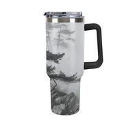 Rkklvbns Foggy Mountain - Tasse à café de voyage en pin avec poignée et couvercle à paille, gobelet de grande capacité anti-fuite, garde au froid ou au chaud, pour salle de sport, voyage, sport