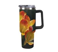 Rkklvbns Freesia - Tasse à café de voyage à motif de belle plante et fleur, 1200 ml avec poignée et couvercle à paille, étanche, garde au froid ou au chaud, pour salle de sport, voyage, sport