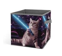 Rkklvbns Grand panier de rangement pliable avec poignées en forme de chat au laser spatial pour organiser livres, couvertures, jouets