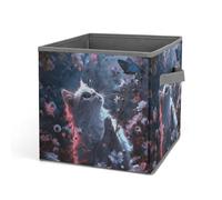 Rkklvbns Grand panier de rangement pliable en tissu avec poignées en forme de chat blanc avec fleurs, pour organiser livres, couvertures, jouets