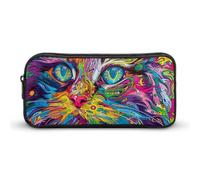 Rkklvbns Grande trousse à crayons portable avec fermeture éclair Motif chat psychédélique Organiseur de papeterie Rangement simple Esthétique Papeterie pour le bureau, l'université et les adultes