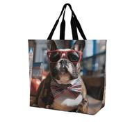 Rkklvbns Sac fourre-tout avec motif bouledogue français portant des lunettes de soleil pour femme, sac fourre-tout à bandoulière, sac de rangement portable, léger et durable pour le travail, les