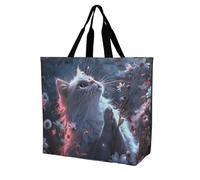 Rkklvbns Sac fourre-tout pour femme avec chat blanc en fleurs, sac fourre-tout à bandoulière, sac de rangement portable, sac à main léger et durable pour le travail, les voyages, sac décontracté