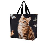 Rkklvbns Sac fourre-tout pour femme avec motif chat et papillon - Sac à bandoulière - Sac de rangement portable léger et durable pour le travail, les voyages