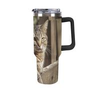 Rkklvbns Tasse à café de voyage avec motif de chat sur une clôture en bois, gobelet de 1200 ml avec poignée et couvercle à paille, anti-fuite, grande capacité, garde au froid ou au chaud, pour la