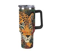 Rkklvbns Tiger - Tasse à café de voyage à imprimé botanique - Gobelet de 1200 ml avec poignée et couvercle à paille, anti-fuite, de grande capacité, garde au froid ou au chaud, pour salle de sport