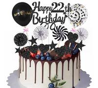 RKMYTR Lot de 17 décorations de gâteau d'anniversaire 22e anniversaire - Décorations en papier avec étoiles pailletées, cœurs, ballons à confettis et éventails en papier (noir et blanc)