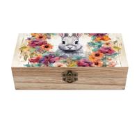RLDOBOFE Boîte à souvenirs en bois aquarelle lapin avec couvercles - Boîte de rangement en bois avec couvercle à charnière - Grande boîte de rangement rectangulaire pour bijoux, photos, loisirs